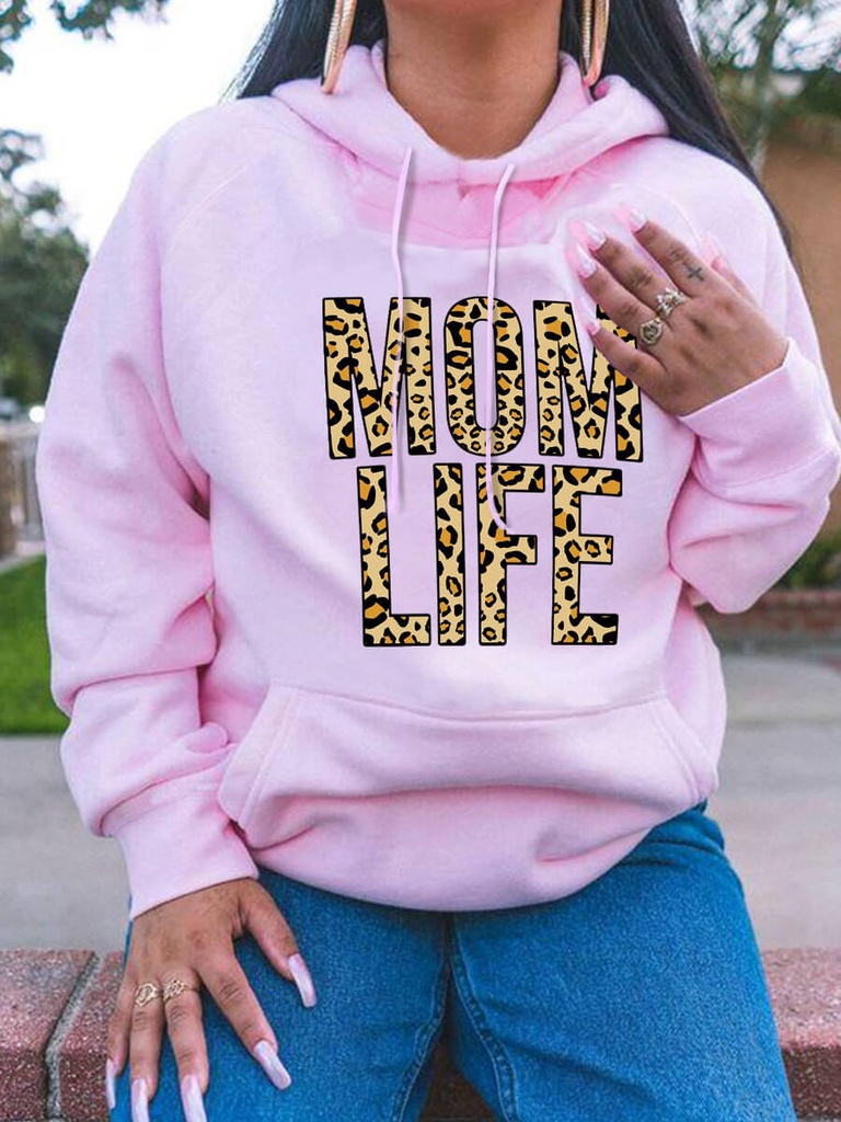 Street Hooded Collar Leopard Letter Print Pink Hoodie