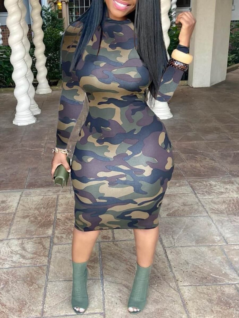 Camo Print Army Green Mid-Calf Dress